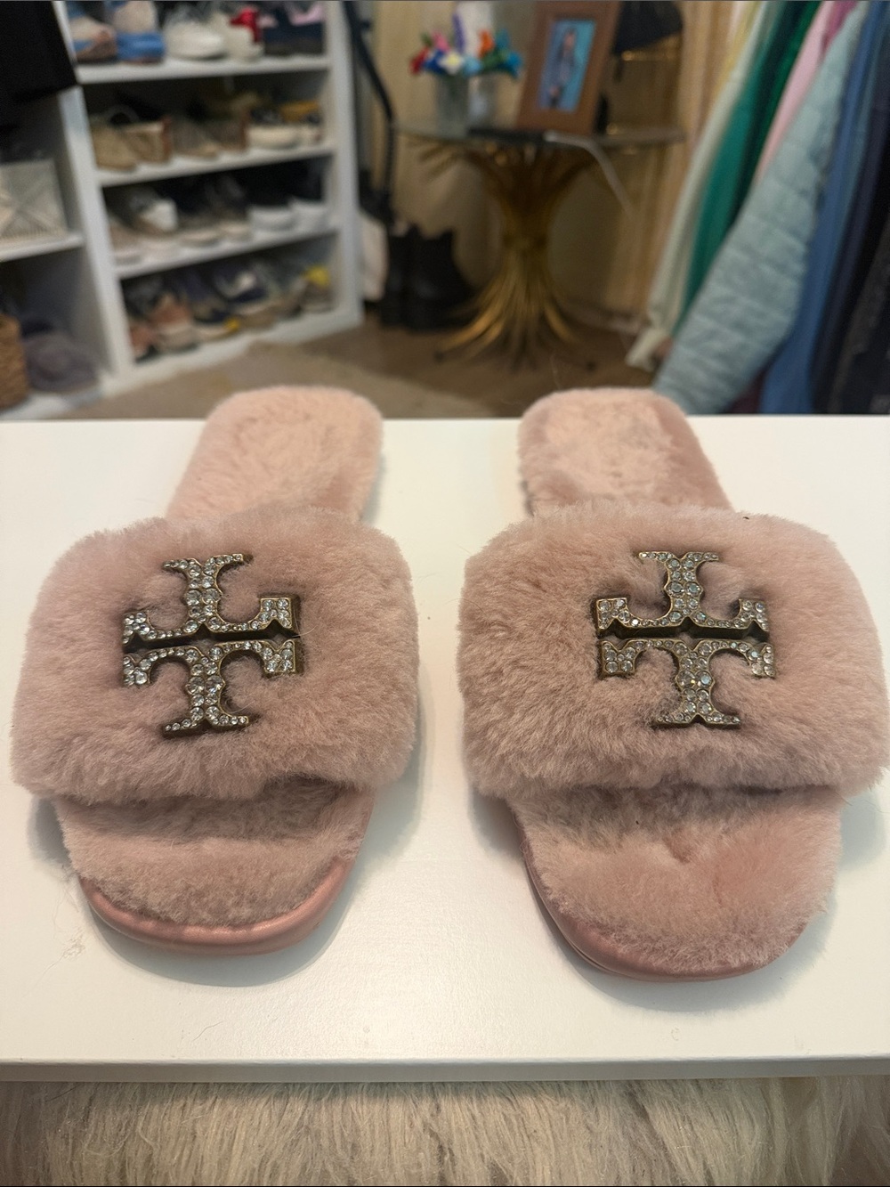 Tory Burch Embellished Pink Faux-Fur Slide Sandals